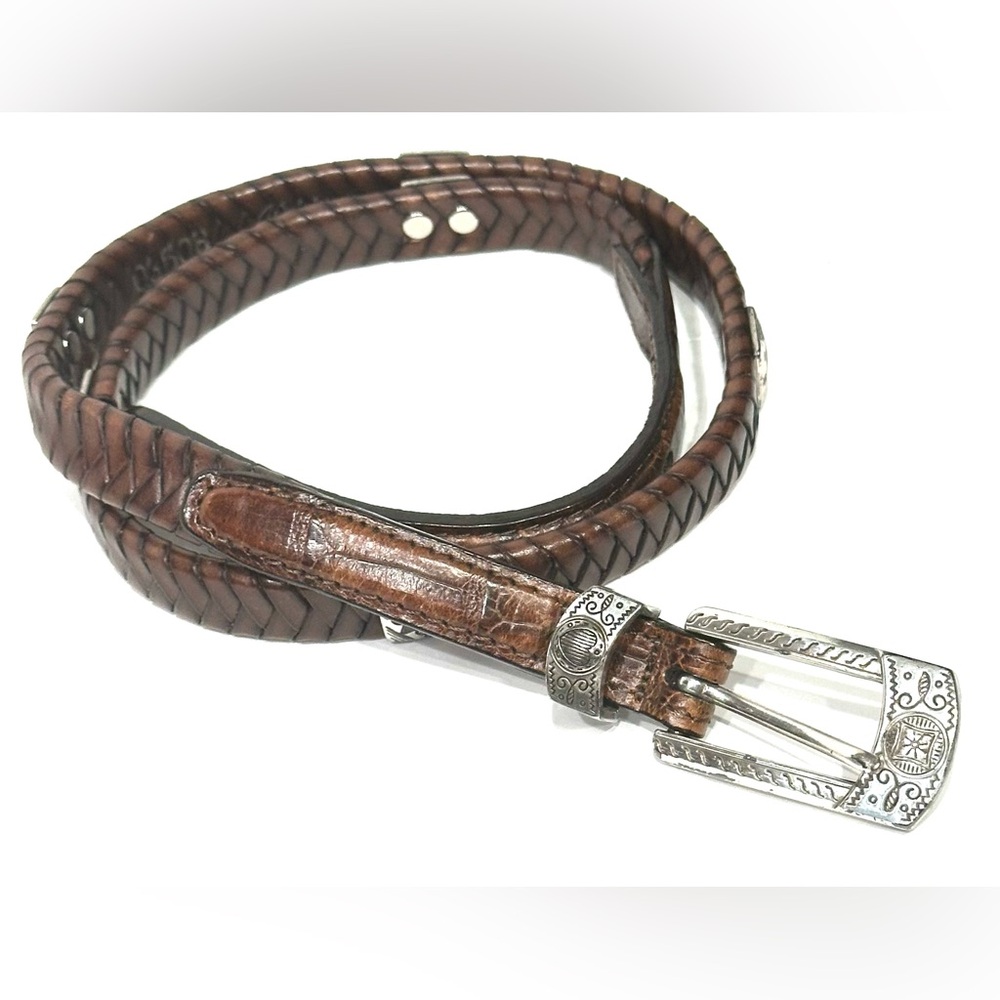 Brighton Womens Brown Braided Leather Skinny Silver Belt Size Medium M 30 - Picture 12 of 12